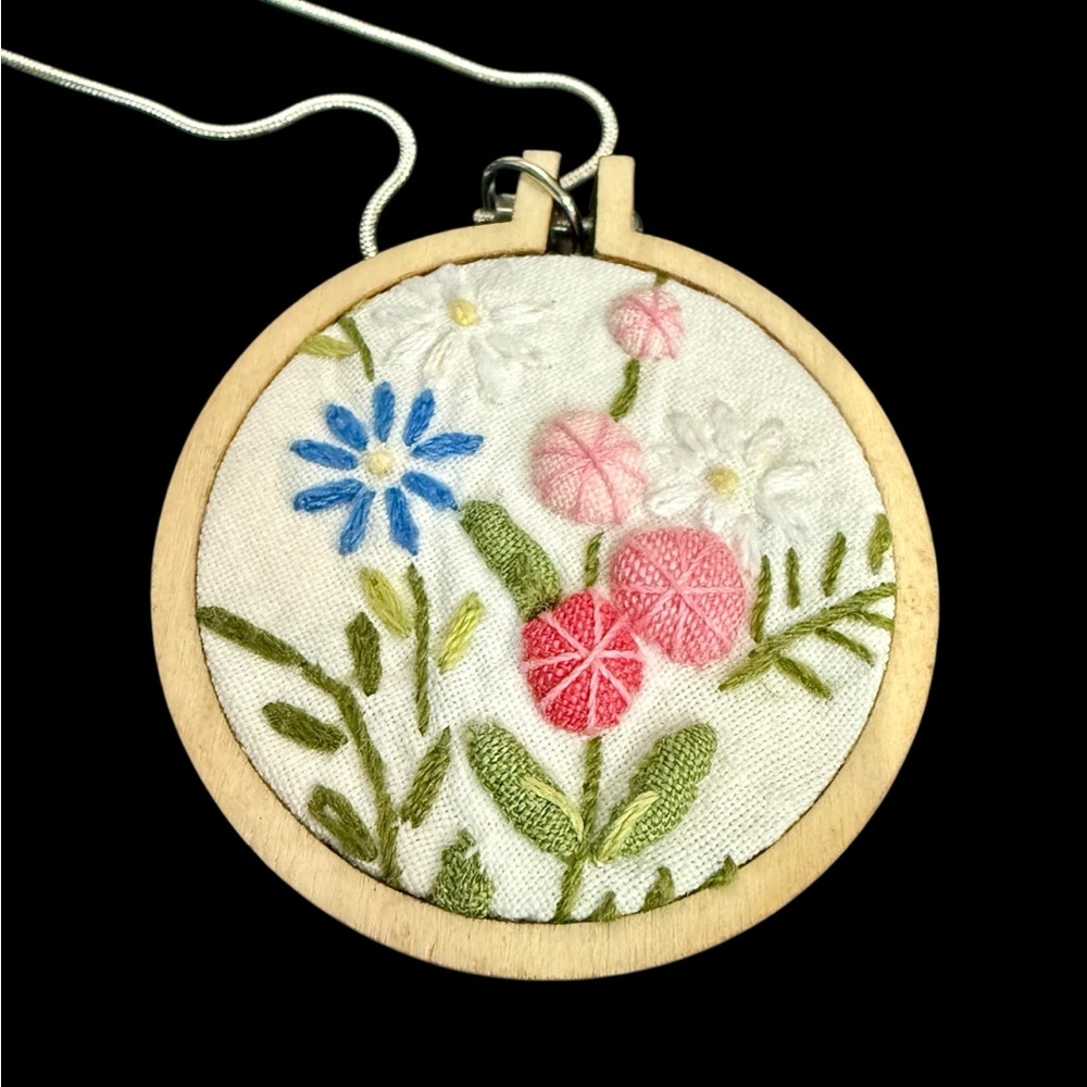 Cross Stitch Floral‎ Pendant 24" Sterling Silver Chain Handmade Art Necklace